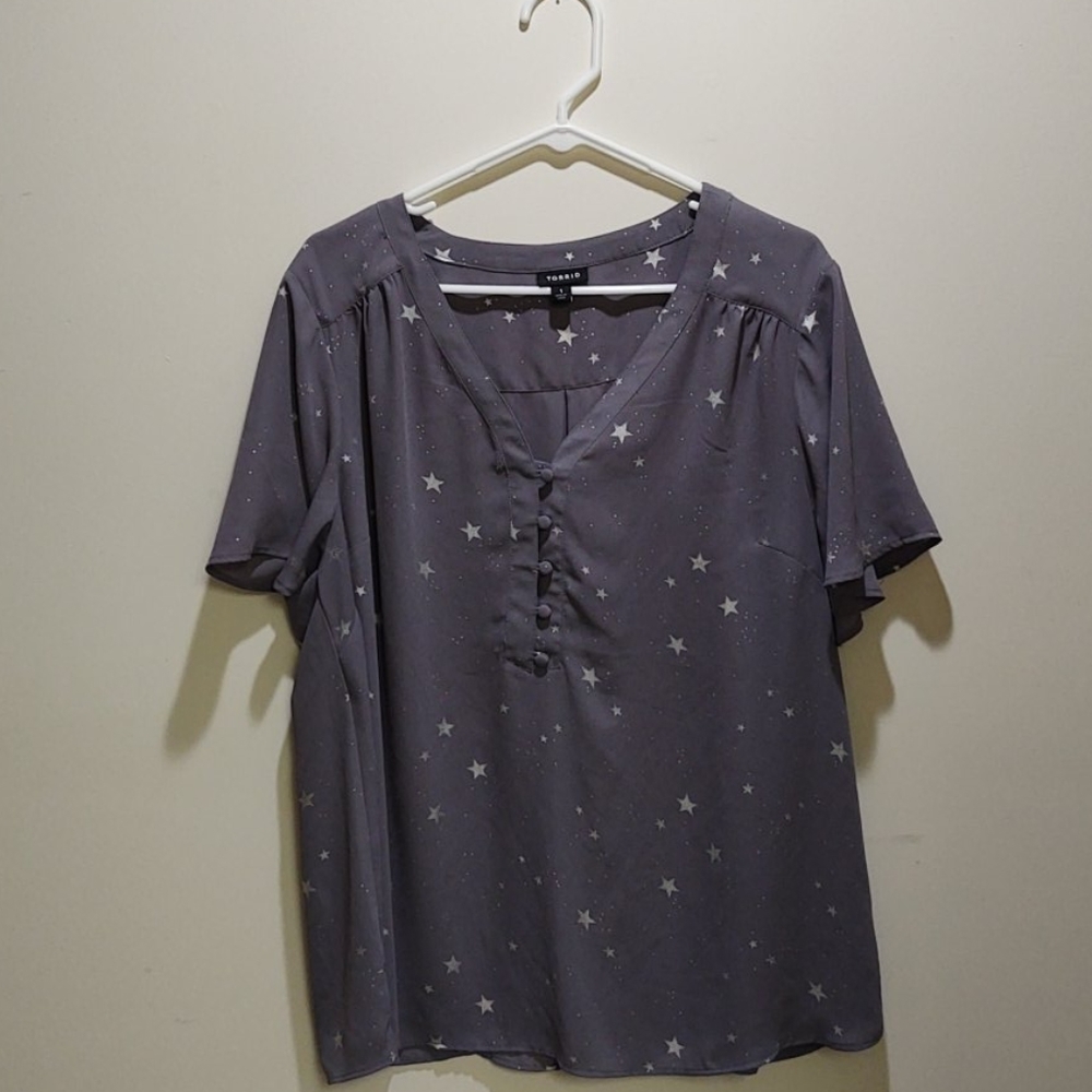 Casual Star Print V-Neck Top - Gray